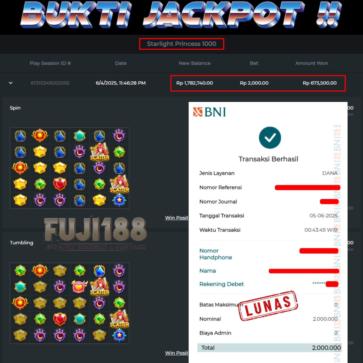 Bukti Kemenangan Starlight Princess 1000 – PRAGMATIC PLAY