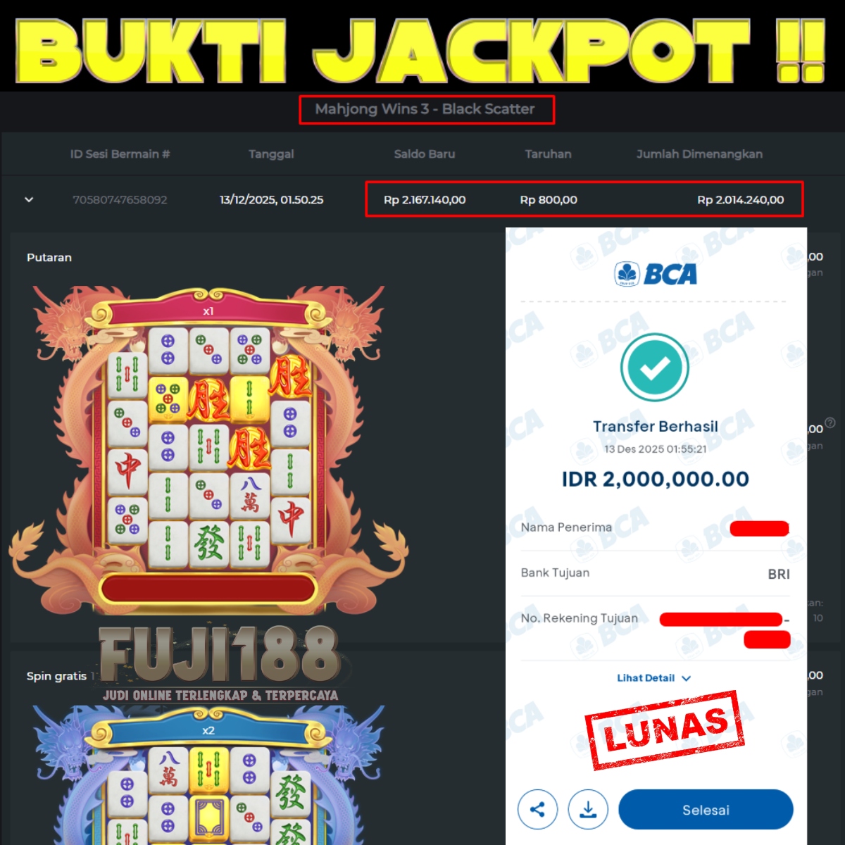 Bukti Kemenangan Mahjong Wins 3 – Black Scatter  – PRAGMATIC PLAY
